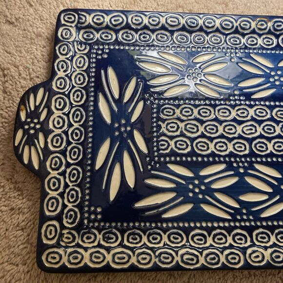 Temptations Rectangular Platter Serving Tray Platter  Embroidery Theme Navy - Picture 2 of 7